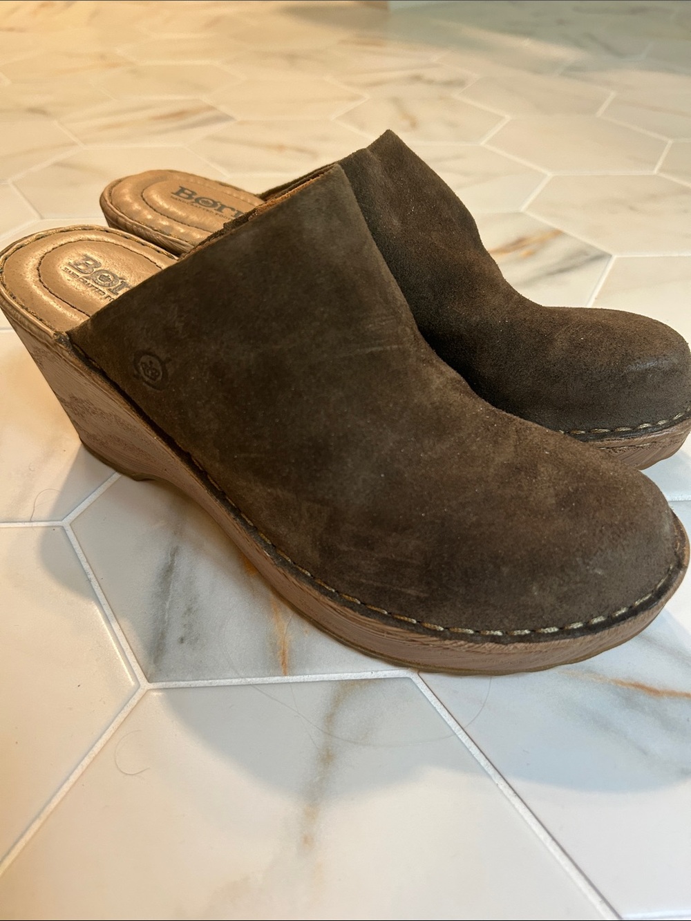 New, Never Worn Born Brown Suede Wedge Clogs